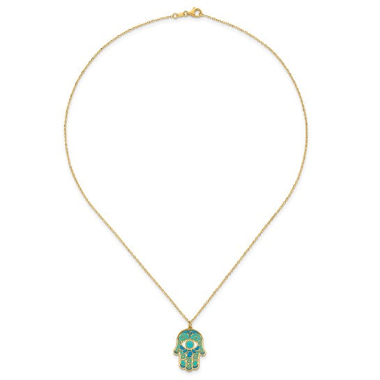 14K Blue Enamel Hamsa